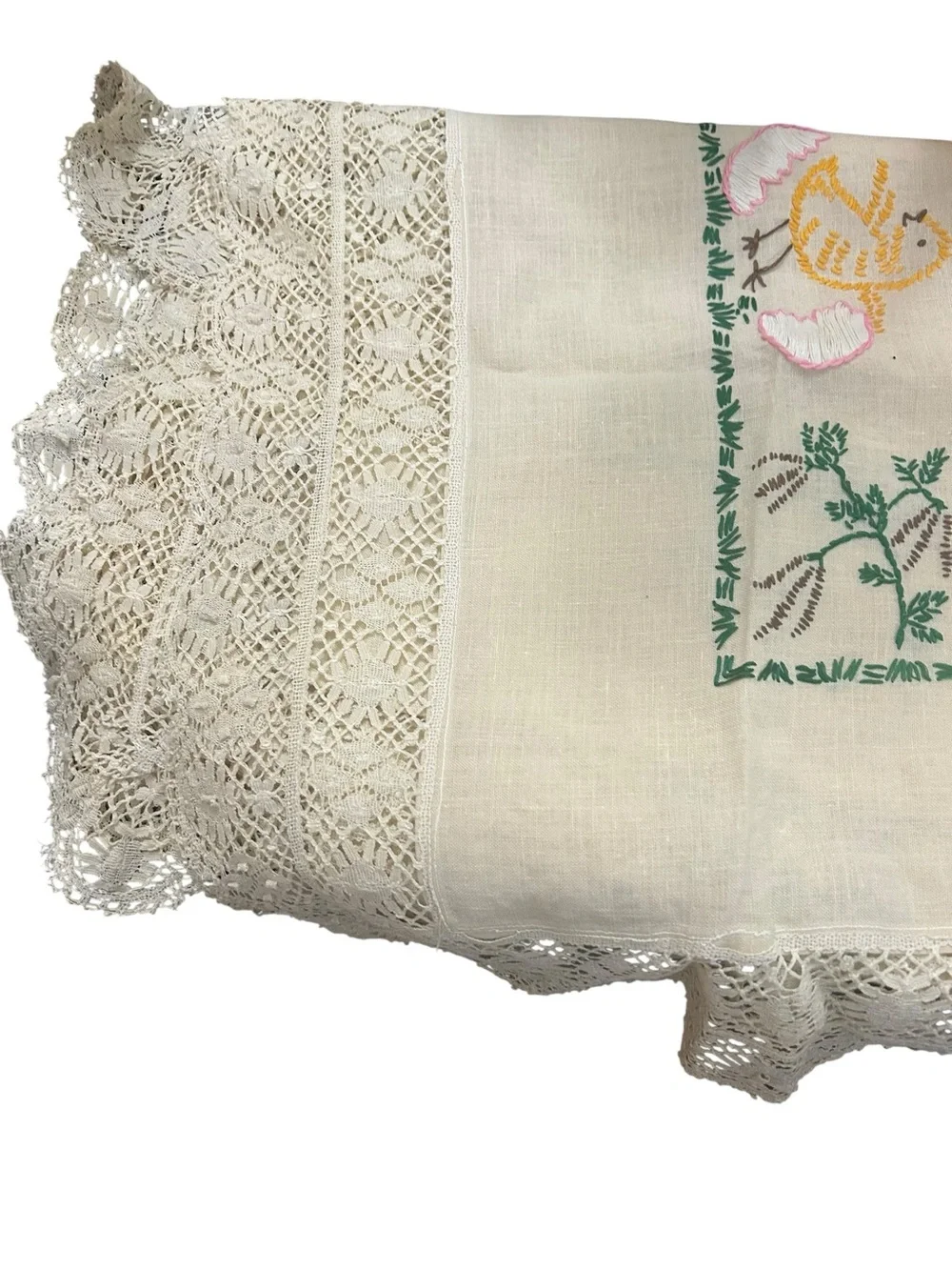 Vintage tablecloth hand-embroidered chicks flower motifs on white linen 42X 52”